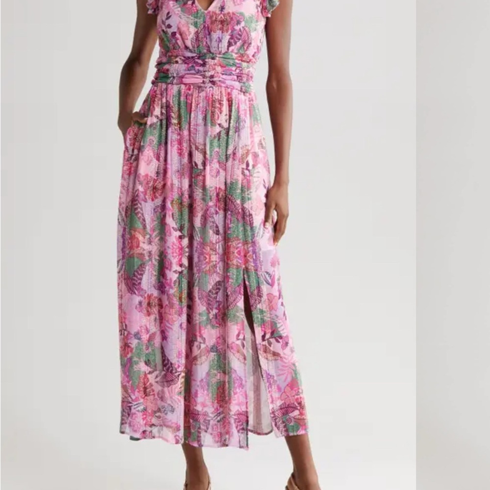 Ciebon Jennsen Ruched Flutter Sleeve Maxi Dress in Pink Floral, Size Small